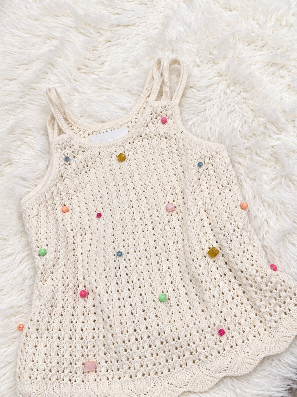 Zara Cream Crochet Tank Top with Colorful Bead Details